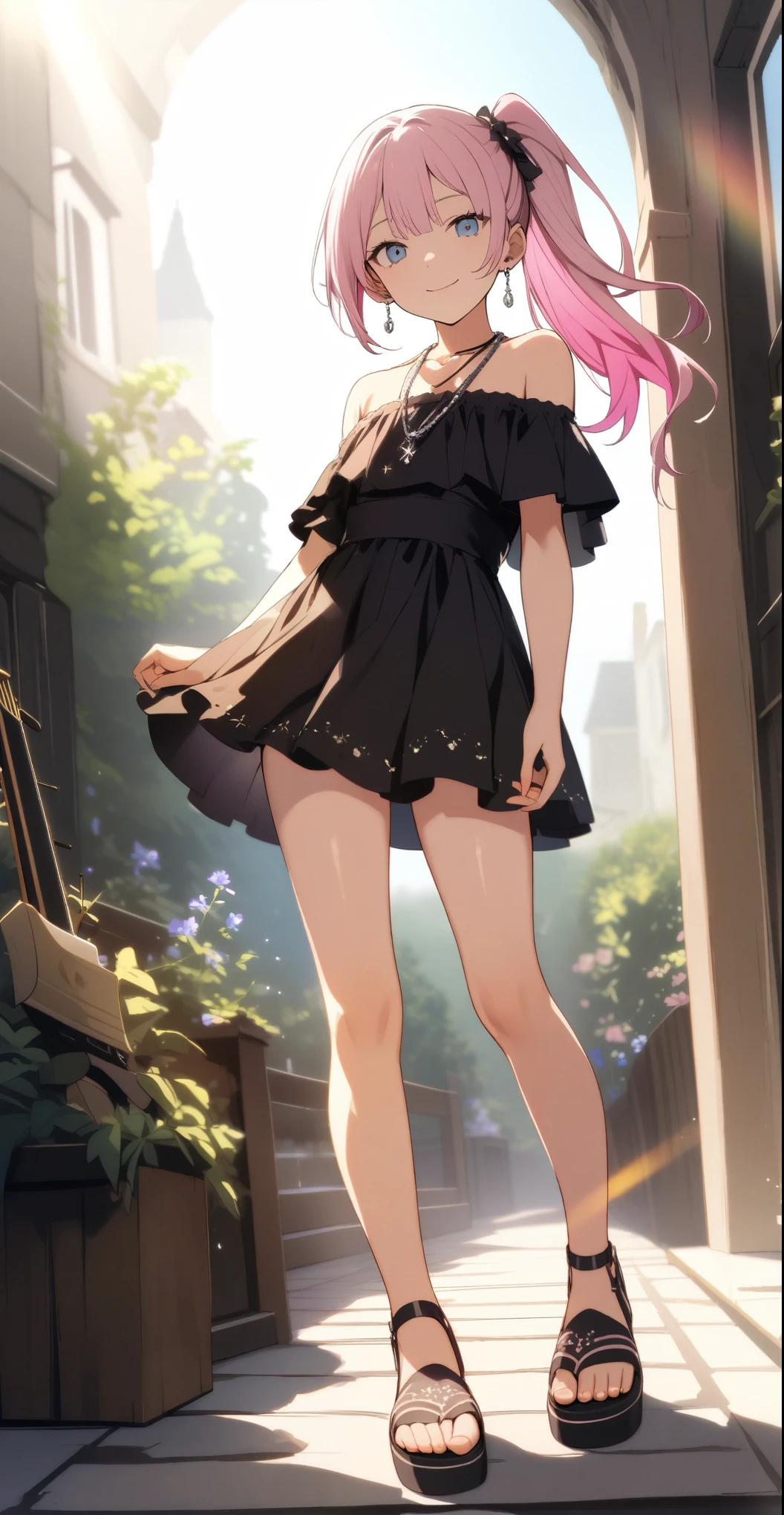 A very beautiful 15 year old girl, (((She has some silver earrings in her ears.. necklace、Off-the-shoulder short shirt、Chopin、Sandals with thick soles)))、(Light pink hair color、Dark pink inner color hairstyle、Side ponytail hairstyle、Hair expressed with a delicate touch), Beautiful Hair, Facial Contour, Remember, sunlight, Lens flare、illumination、Natural Color, High resolution, Very delicate, Very detailed, 8k、garden、,smile、(Sexual)、Full body angle、View angle from below、Standing posture
