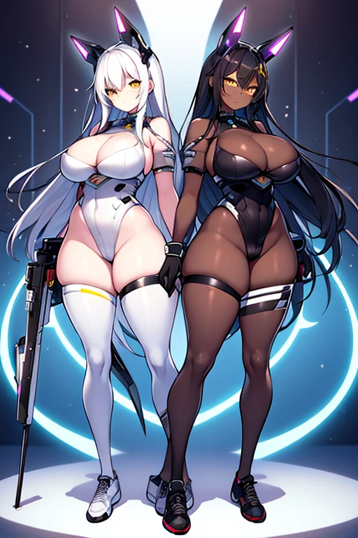 2girls, dark skin, dark-skinned female, white hair, black hair, long hair, yellow eyes, large breasts, breasts, wide hips, smug, smirk, smile, bodysuit, black bodysuit, pantyhose, black pantyhose, shoes, sneakers, futuristic, tech, science-fiction, neon trim, white neon trim, white trim, full body, ((full body))