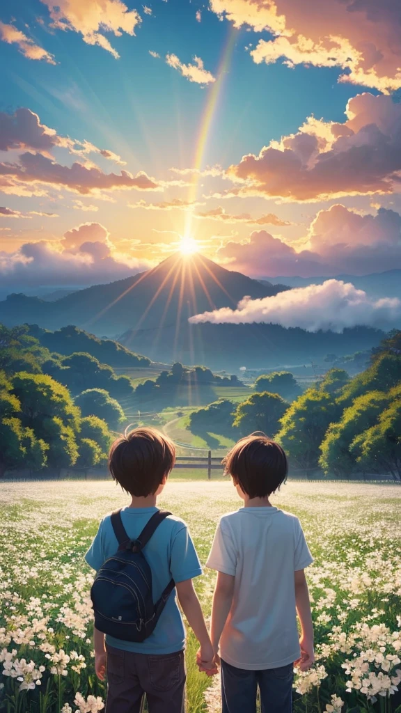 "Cartoon style illustration of two kids looking up at the sunset sky. A boy and a girl are standing with their backs to each other in the foreground, With thick clouds and sunlight spreading across the sky. Children are standing in front of an old metal fence, Surrounded by white flowers. Rainbow light shines in the sky, exuding a mysterious atmosphere. The illustrations are drawn in Makoto Shinkai's detailed anime style., With rich colors and light. This scene has a fantastic and moving atmosphere.."