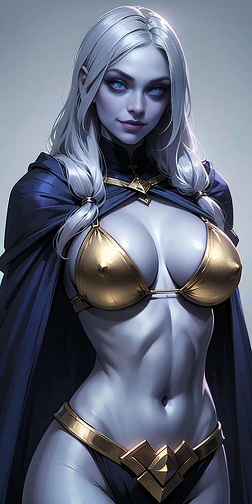 (Female drow slave bikini chest covered)(smile) Gray skin, pale golden hair and violet eyes. She prefer's clothing of white and silver with cloaks of deep blue or purple, grey background, huge_knockers, ((very precise detailed)) ((highres)