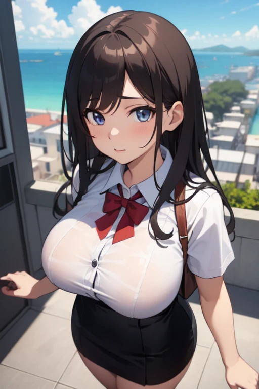 ((best quality)), ((masterpiece)), (detailed), anime girl in office uniform 25 years old, big breasts, neckline en un paisaje de una oficina lujosa, neckline, mini skirt, ((views)),((view from above))