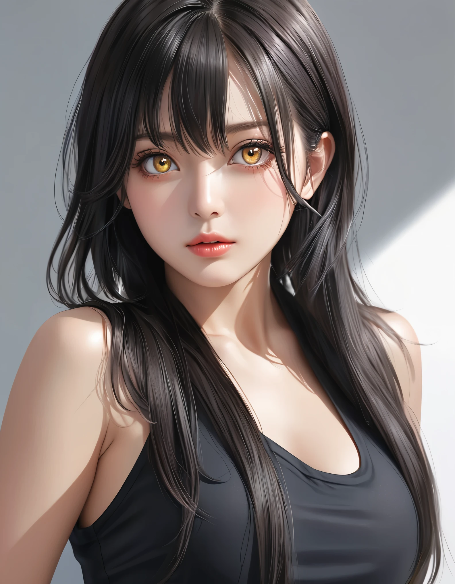 (hyper-realistic, photorealistic:1.495), (illustration), (high resolution), (8K), (extremely detailed), (best illustration), (beautiful detailed eyes), (best quality), (ultra-detailed), (masterpiece), (wallpaper), (natural light), (rim lighting), (detailed face), (high detailed realistic skin texture), (anatomically correct), (solo), (1 girl), (high detailed realistic hair), (shiny black hair:1.35), (hetero-chromic eyes), (detailed eyes), (light yellow eyes:1.37), (sparkling eyes), (realistic supple big breasts:1.5), (exposed nipples breasts:1.35), (long legs), (slender abs), (dynamic pose), (closed tiny mouth:1.3), (nsfw), (concentrated expression), (topless), (Italian woman, K-pop idol, J-pop idol:1.498), upper body from head to thigh