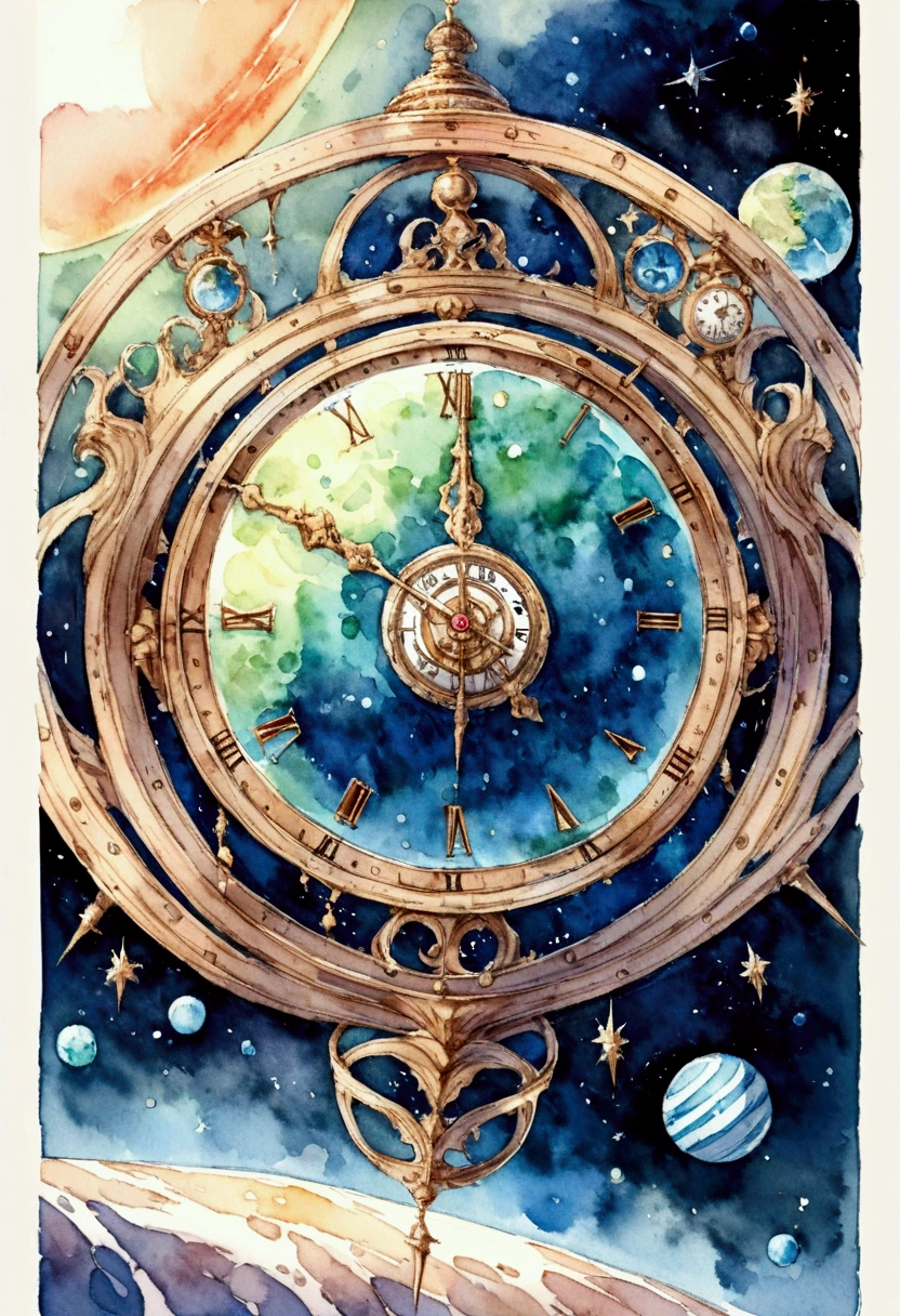 A clock-shaped planet in the middle of space. No people. Fantasy. Watercolor.