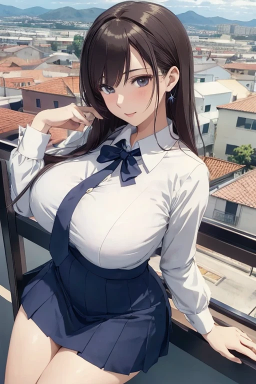 ((best quality)), ((masterpiece)), (detailed), anime girl in office uniform 25 years old, big breasts, neckline en un paisaje de una oficina lujosa, neckline, mini skirt, ((views)),((view from above))