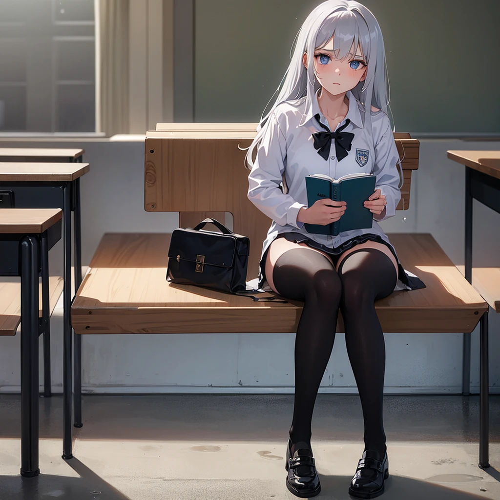 Girl with silver hair, sitting in the corner of the school classroom, doused with water by hooligans. There is fear and displacement on the face. промокла, You can already see your underwear. Torn black tights on legs. Defense textbook in hand