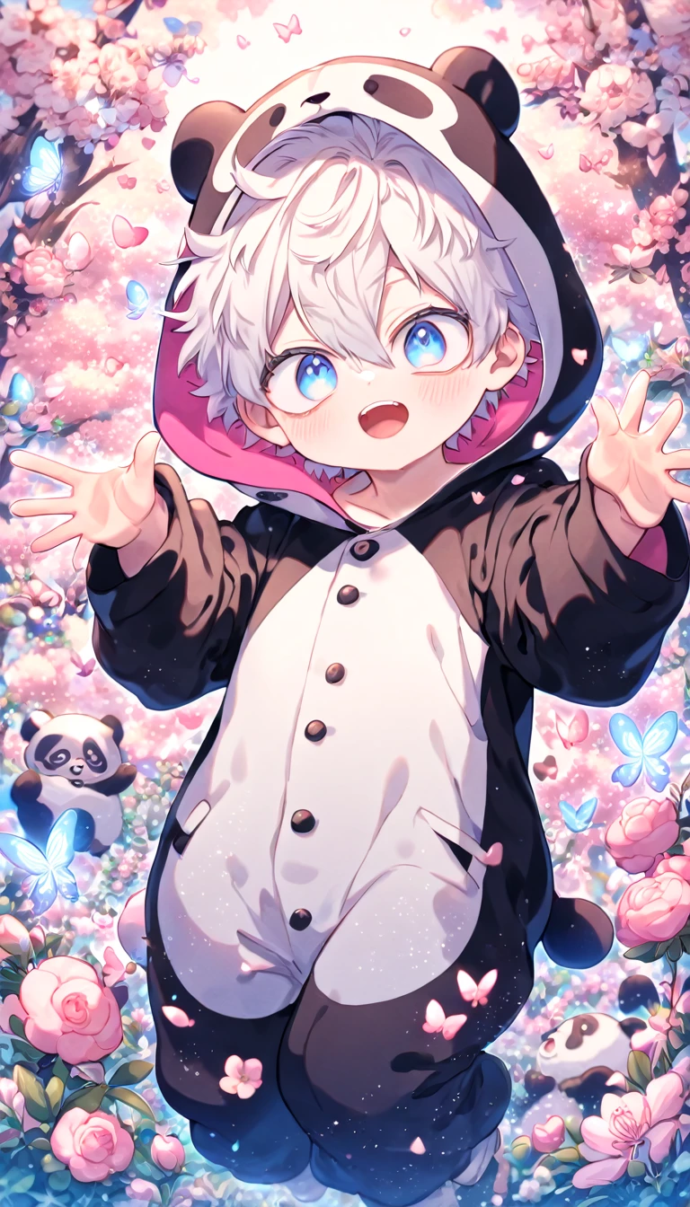 absurdres, highres, ultra detailed, HDR, master piece, best quality, extremely detailed face, delicated features, Gojo Satoru as a ???, white hair, messy hair, hair between the eyes, expressive blue eyes, white eyelashes, Boku No Hero Academia, solo, boy, cute, panda costume, blossoms, pink flowers, pink butterflies, fantasy, magic, radiant