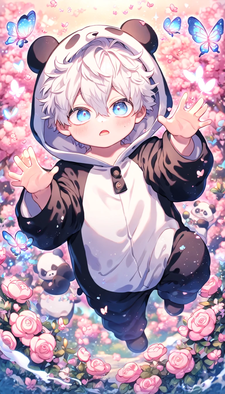 absurdres, highres, ultra detailed, HDR, master piece, best quality, extremely detailed face, delicated features, Gojo Satoru as , white hair, messy hair, hair between the eyes, expressive blue eyes, white eyelashes, Boku No Hero Academia, solo, boy, cute, panda costume, blossoms, pink flowers, pink butterflies, fantasy, magic, radiant