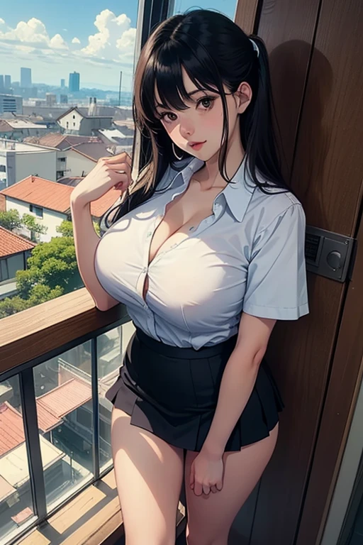 ((best quality)), ((masterpiece)), (detailed), anime girl in office uniform 25 years old, big breasts, neckline en un paisaje de una oficina lujosa, neckline, mini skirt, ((views)),((view from above))