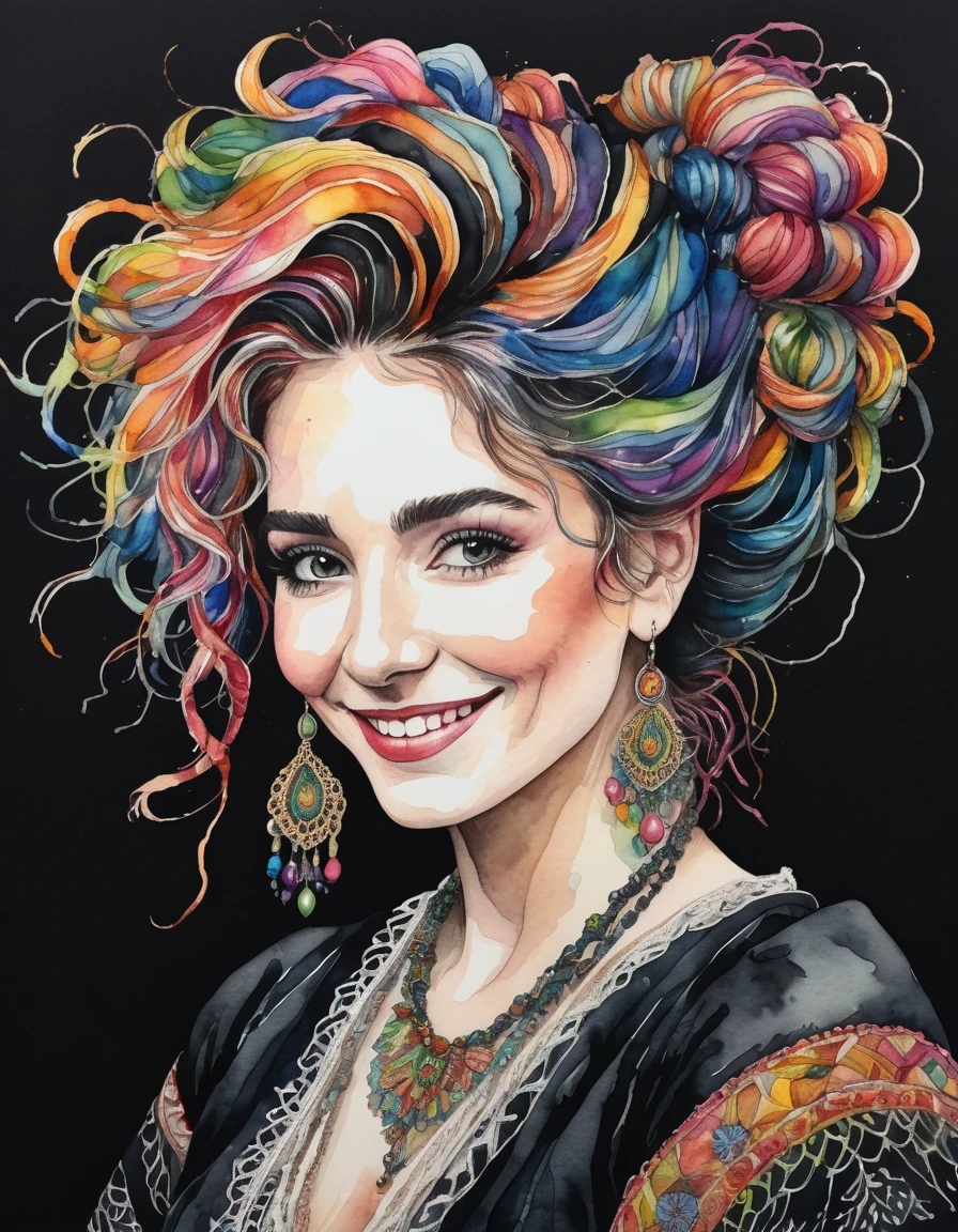 Messy watercolour drawing on black paper, a beautiful Regency woman with wild multicoloured hair, shy smile, macrame, maximalism intricate detail bold dramatic intense alluring desirable wild