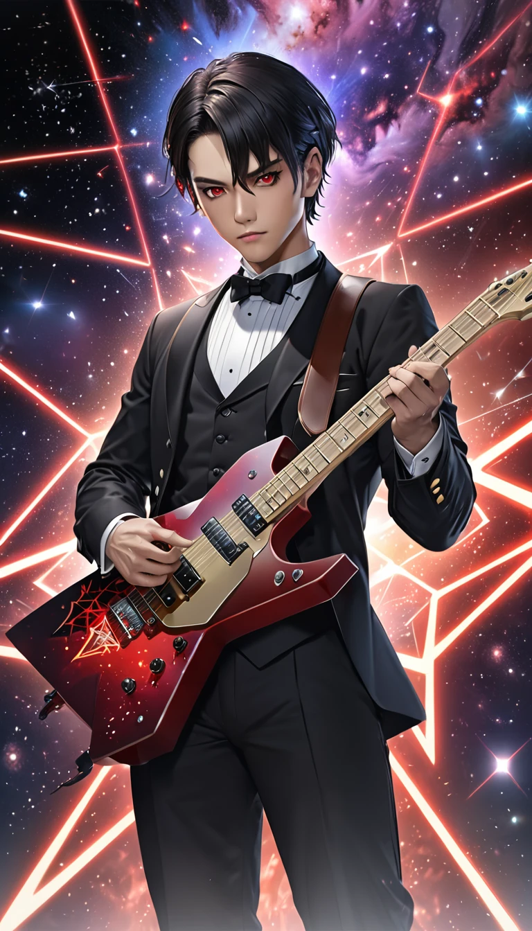 gentlemanly male demon with black as a base, black short hair, red eyes, butler's uniform, playing a star-shaped deformed electric guitar, background galaxy, octagram, shading effects, gradation magic effects, (ultra detailed, absolutely resolution, best quality:1.3), 2.5D, delicate and dynamic, artistic photography, hyper realistic, graphic CG digital art