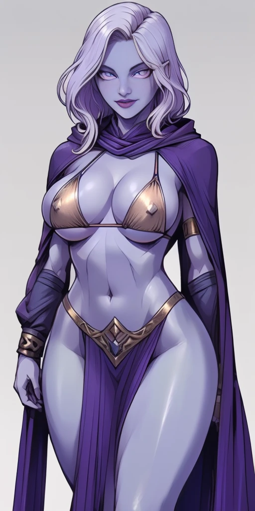 (Female drow slave bikini chest covered)(smile) Gray skin, pale golden hair and violet eyes. She prefer's clothing of white and silver with cloaks of deep blue or purple, grey background, huge_knockers, ((very precise detailed)) ((highres)