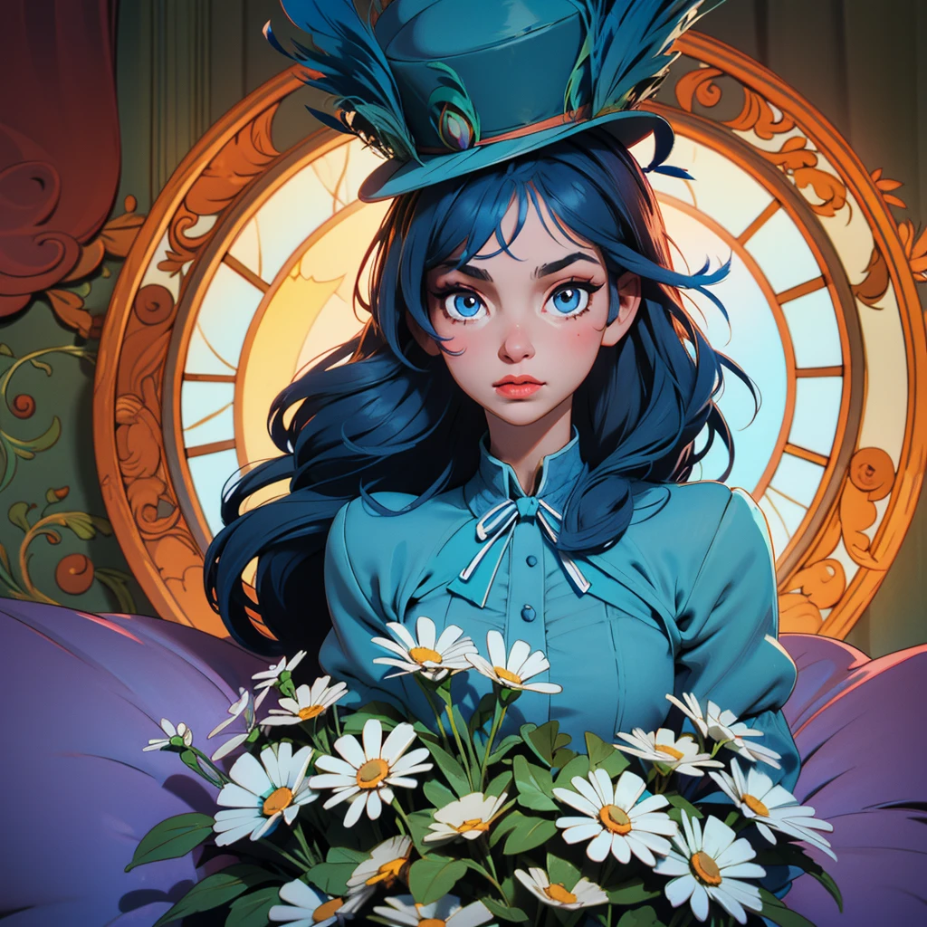 A Top Hat , decorated with peacock feathers and a blue ribbon, among a bed of daisies 