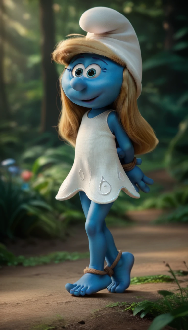 ((masterpiece, best quality)),(complex light), solo,1girl,full body , blonde hair, Smurfette, colored skin, blue skin,hat, white dress, walking, forest 5 toes, black toe nails, Focus full body, sitting on a chair, tied ankles together,tied arms,(((not shoes)))