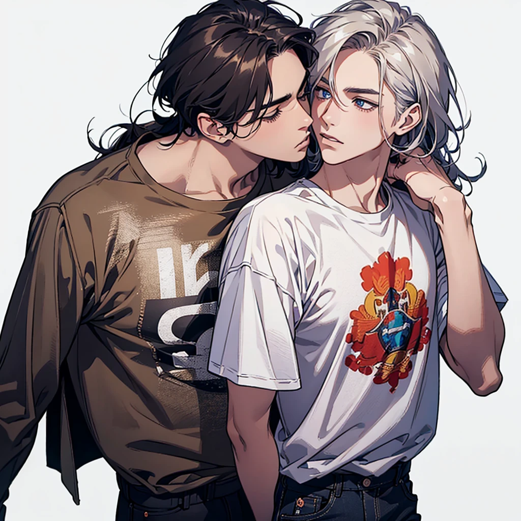 2 Young Men, 〜20yr old, detailed hairs, 4K, High resolution, Handsome, t-shirts, medium length hair, from below, model posing, cowboy shot, white background, put ones arm up, kiss ones cheek, cheek to cheek