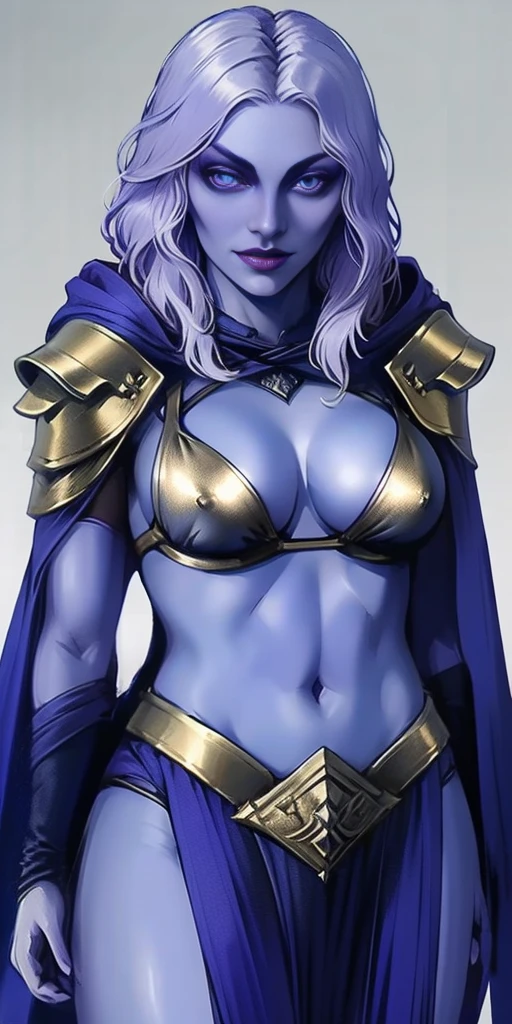 (Female drow slave bikini chest covered)(smile) Gray skin, pale golden hair and violet eyes. She prefer's clothing of white and silver with cloaks of deep blue or purple, grey background, huge_knockers, ((very precise detailed)) ((highres)