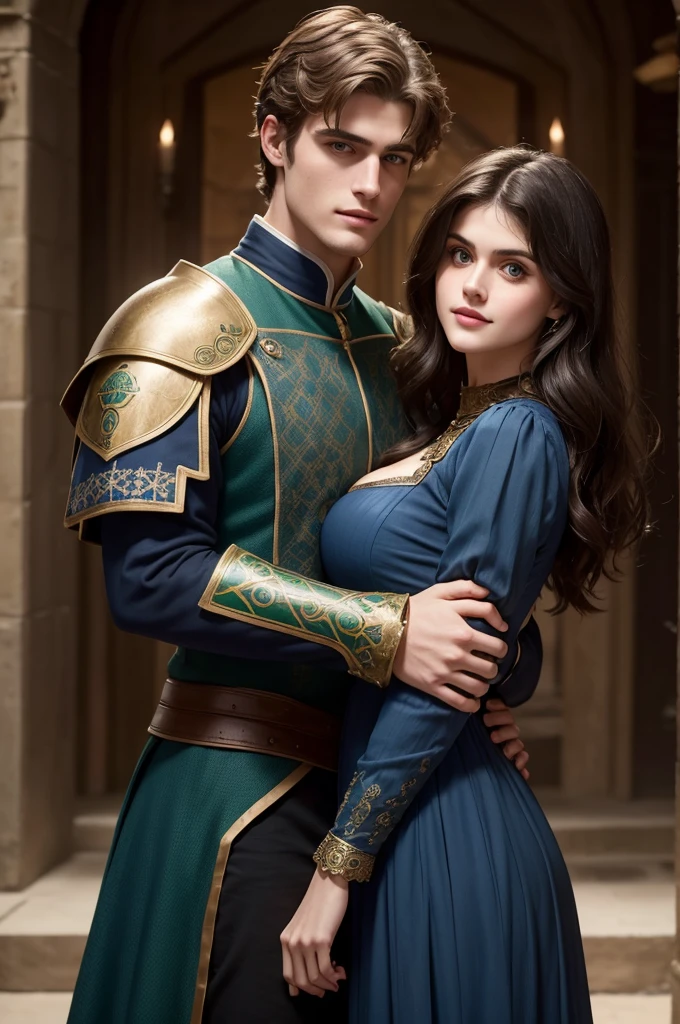 Create Alexandra Daddario with a slight smile and a beautiful dark blue medieval dress hugging Jacob Elordi in green medieval armor