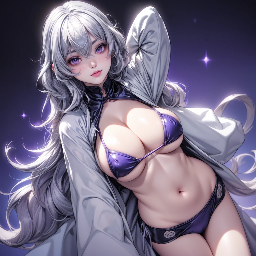 (Female drow slave bikini chest covered)(smile) Gray skin, pale golden hair and violet eyes. She prefer's clothing of white and silver with cloaks of deep blue or purple, grey background, huge_knockers, ((very precise detailed)) ((highres)