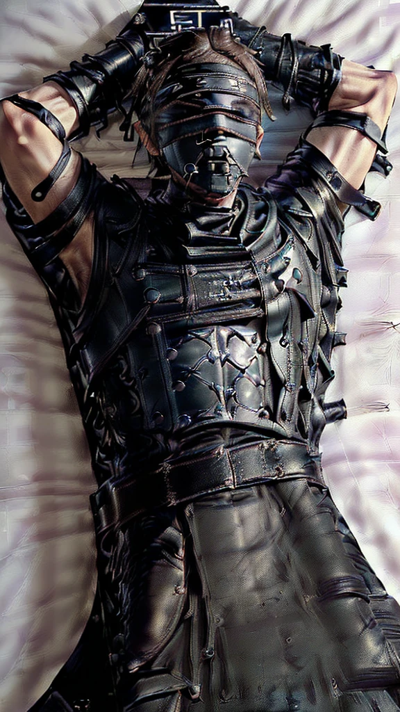 ((Final Fantasy taste reality graphics)), ((young, cute and cool ikemen boy)),(((1 boy))),,his age is early 20s, thin eyebrows and beady eyes, (((((boy in a black leather mummy type sleeping bag))))),(((((boys posture is stand and attention))))), ((((boy put your hands down)))),(((((sleeping bag is very tight-fitting))))), ((((boy laid down on the bed)))),(((((bed is white sheets))))),(((((boy put on black leather and human muzzle mask,all covered from under the nose-to-chin))))),(((((also put on leather blindfold, ))))), (((((mask and blindfold Fixed to the face, with multiple leather belts))))),(((((views head-to-toe)))))