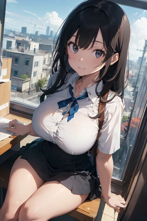 ((best quality)), ((masterpiece)), (detailed), anime girl in office uniform 25 years old, big breasts, neckline en un paisaje de una oficina lujosa, neckline, mini skirt, ((views)),((view from above))