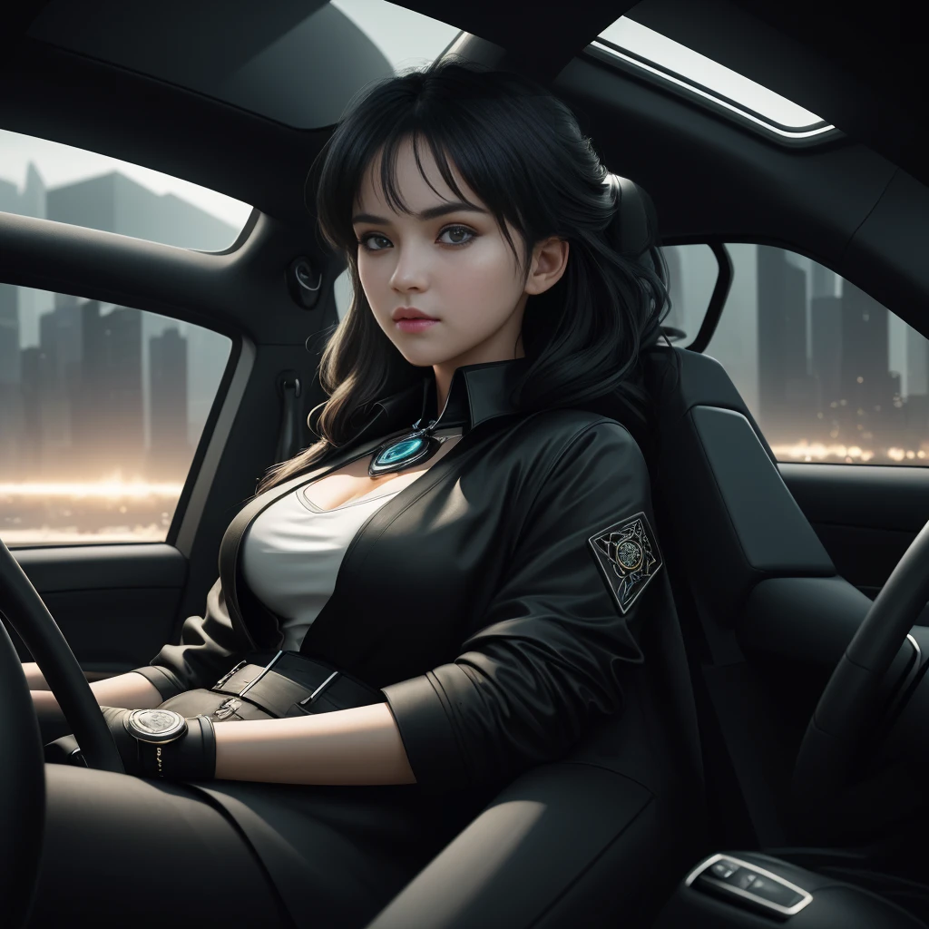 autiful teenage girl Sit and drive in a futuristic style car. She wore a short black coat on the back. and wore a short-sleeve shirt with a plunging neckline. Get ready to travel to her final destination., full body , perfect light perfect composition Beauty Award winning masterpiece Artstation 8 k Artgerm Mucha Dim Volumetric lighting Octane 18 k Beautiful detail rendering. post processing, portrait, exaggerated detail, complex, grand composition, cinematic lighting, masterpiece, trending art station, high detail, masterpiece, beautiful, 18k , HDR, smooth, sharp focus, high resolution