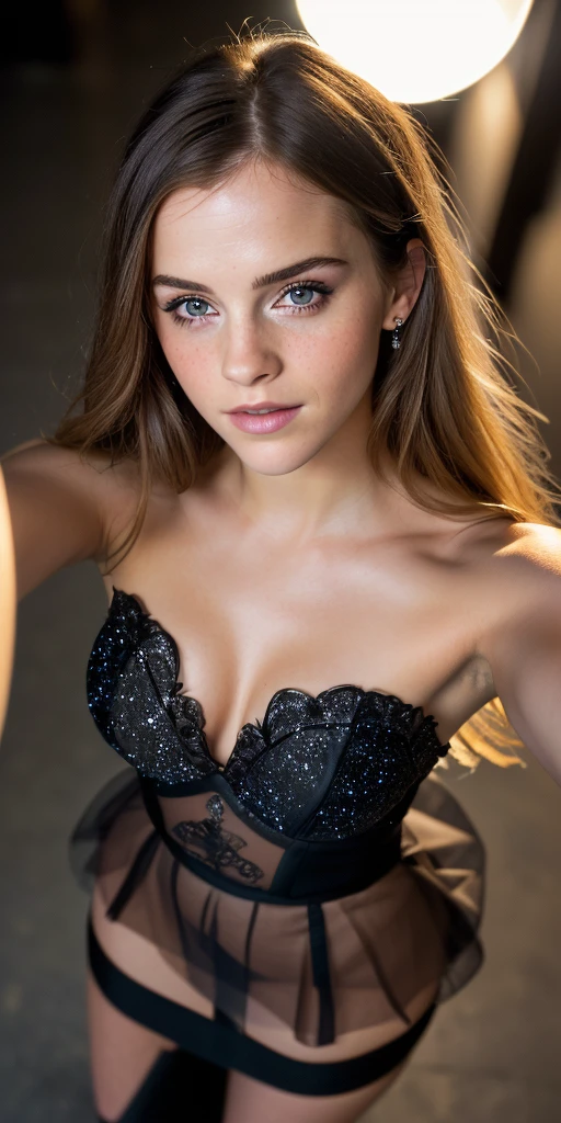 little Emma Watson, (selfie, top view: 1.4), (straight half body: 1.4), RAW UHD portrait photo of a 24-year-old blonde (blue-eyed woman) walking down a dark alley, natural breasts_b, night city, (black sexy tight strapless long lace dress), (long legs), (black platform high heels), (full body shot), (décolleté), detail (textures!, hair!, glitter, color!, disadvantages: 1.1), highly detailed glossy eyes, (looking at the camera), mirror lighting, DSLR camera, ultra quality, sharp focus, sharpness, depth of field, film grain, (center), Fujifilm XT3, crystal clear, large breasts, bare torso, center of frame, pretty face, sharp focus, street lamp, neon lights, bokeh, (dimly lit), low key, night, (night sky) detailed skin pores, oiled skin, tan, intricate eye details