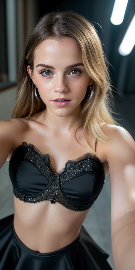 little Emma Watson, (selfie, top view: 1.4), (straight half body: 1.4), RAW UHD portrait photo of a 24-year-old blonde (blue-eyed woman) walking down a dark alley, natural breasts_b, night city, (black sexy tight strapless long lace dress), (long legs), (black platform high heels), (full body shot), (décolleté), detail (textures!, hair!, glitter, color!, disadvantages: 1.1), highly detailed glossy eyes, (looking at the camera), mirror lighting, DSLR camera, ultra quality, sharp focus, sharpness, depth of field,  film grain, (center), Fujifilm XT3, crystal clear, large breasts, bare torso, center of frame, pretty face, sharp focus, street lamp, neon lights, bokeh, (dimly lit), low key, night, (night sky) detailed skin pores, oiled skin, tan, intricate eye details