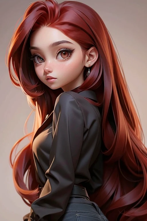 a girl with long hair. and red hair. and brown eyes. wearing a black top.