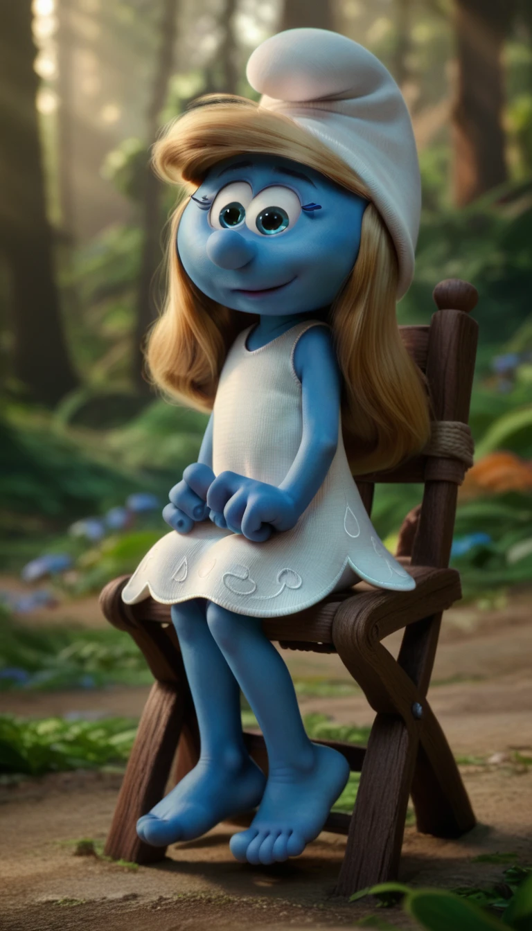 ((masterpiece, best quality)),(complex light), solo,1girl,full body , blonde hair, Smurfette, colored skin, blue skin,hat, white dress, forest, 5 toes, black toe nails, Focus full body, sitting on a chair, tied ankles together,tied arms,(((not shoes)))