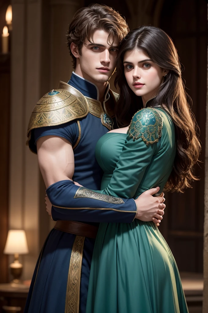 Create Alexandra Daddario with a slight smile and a beautiful dark blue medieval dress hugging Jacob Elordi in green medieval armor