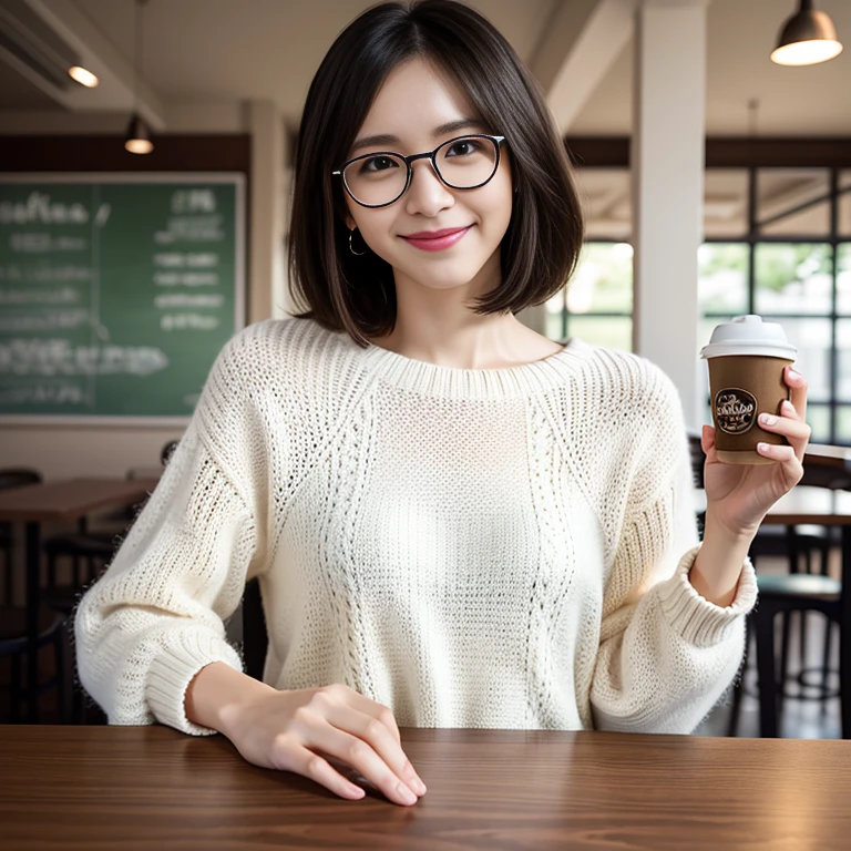 (Highest quality、Tabletop、8k、Best image quality、Award-winning works)、Cute school girl、alone、Perfect beautiful composition、(Very short hair:1.1)、Slender body、(A shy smile looks at me:1.1)、(Coffee shop background:1.1)、Natural Makeup、Ultra-high definition beauty face、Ultra HD Hair、Ultra-high definition sparkling eyes、(Pure white skin shining in ultra-high resolution:1.1)、Ultra-high quality glossy lips、Accurate anatomy、Ultra HD Hair、(Very bright:1.1)、Glasses、((Glasses、Upper body naked、Nipples))、Hair Up、((Full Body Shot、pubic hair))、White sweater