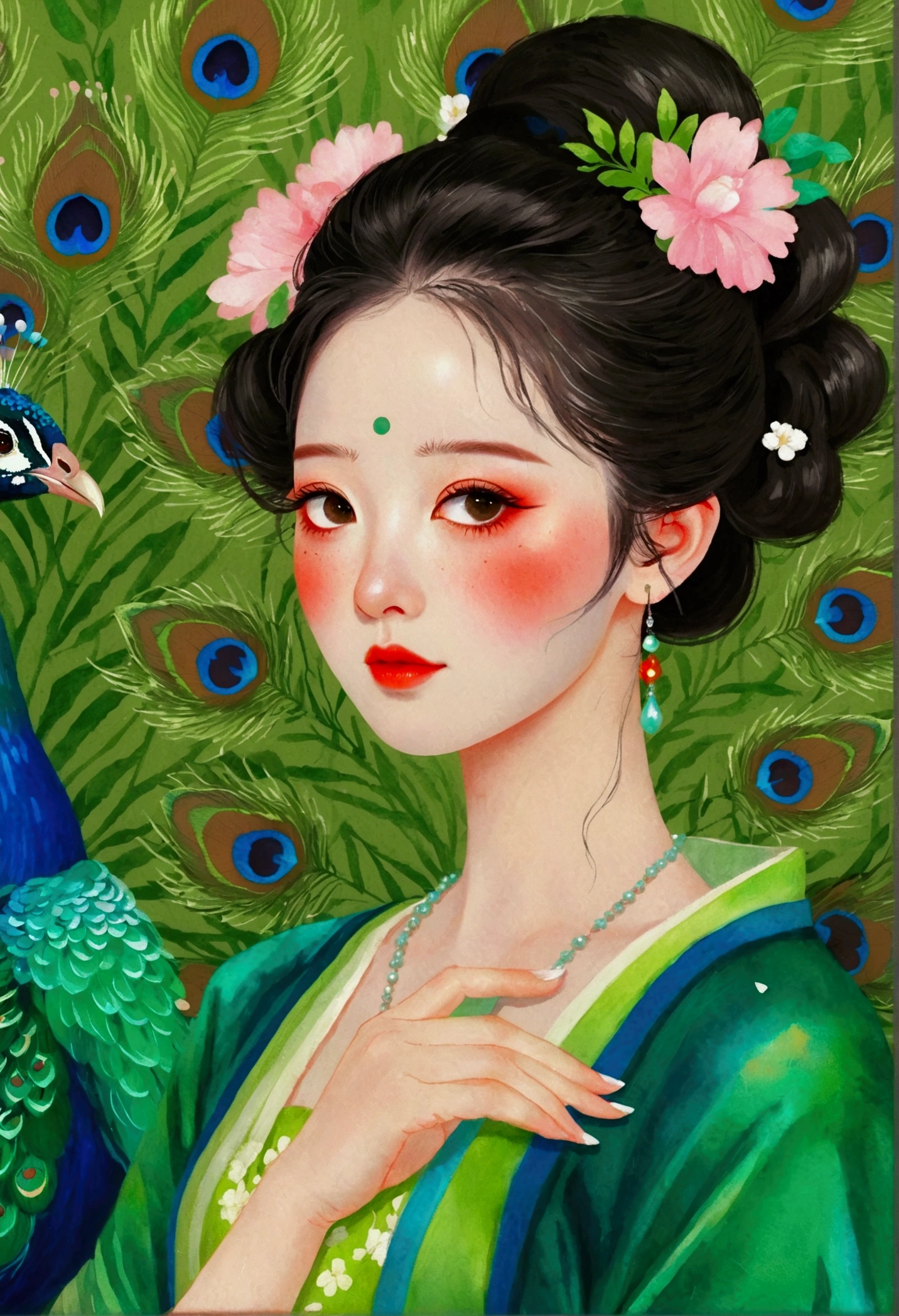 The woman in the painting wears a peacock，Wearing a green dress, author：Chen Lin, jingna zhang, Beautiful character painting, Chie Yoshii, Shin Jin Hye Art, Li Song, A beautiful artistic illustration, Beautiful digital illustrations, Beautiful art UHD 4K, author：Sun Xie, by Gao Fenghan, author：unbelievable, Mei Qing, author：Ju Lian