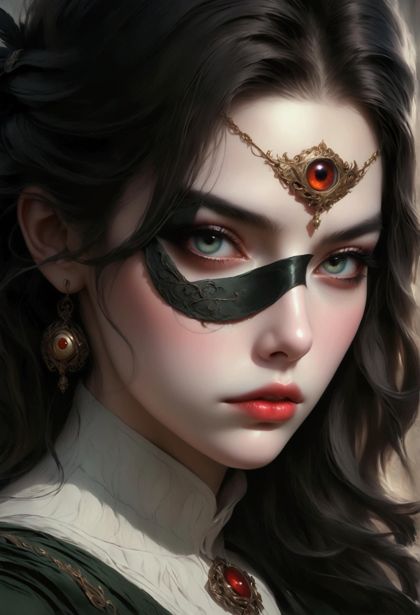 A woman with an eye patch, beautiful detailed eyes, beautiful detailed lips, extremely detailed face, longeyelashes, elegant expression, thoughtful pose, cinematic lighting, dramatic shadows, surreal atmosphere, fantasy art, muted color palette, digital painting