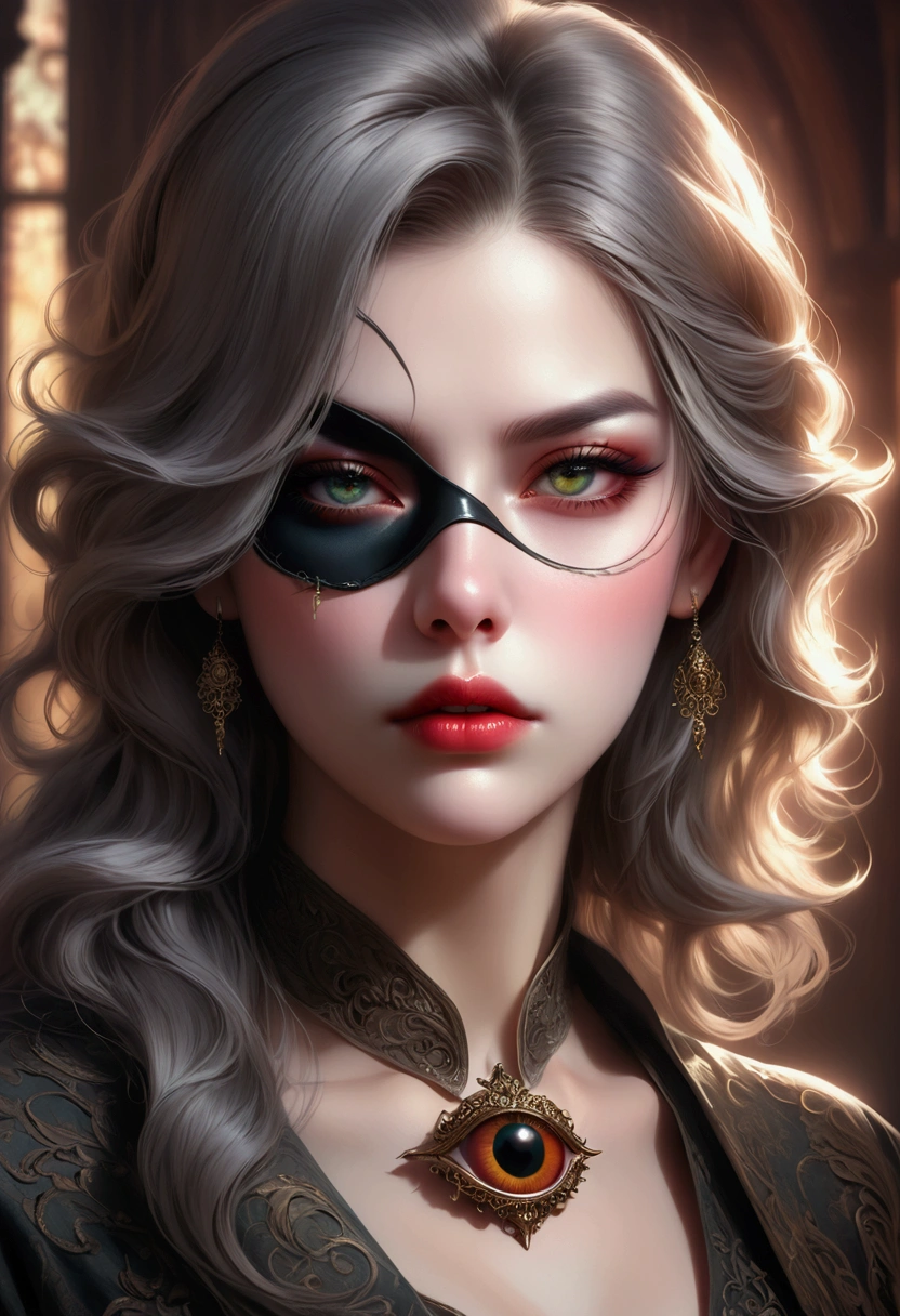 A woman with an eye patch, beautiful detailed eyes, beautiful detailed lips, extremely detailed face, longeyelashes, elegant expression, thoughtful pose, cinematic lighting, dramatic shadows, surreal atmosphere, fantasy art, muted color palette, digital painting