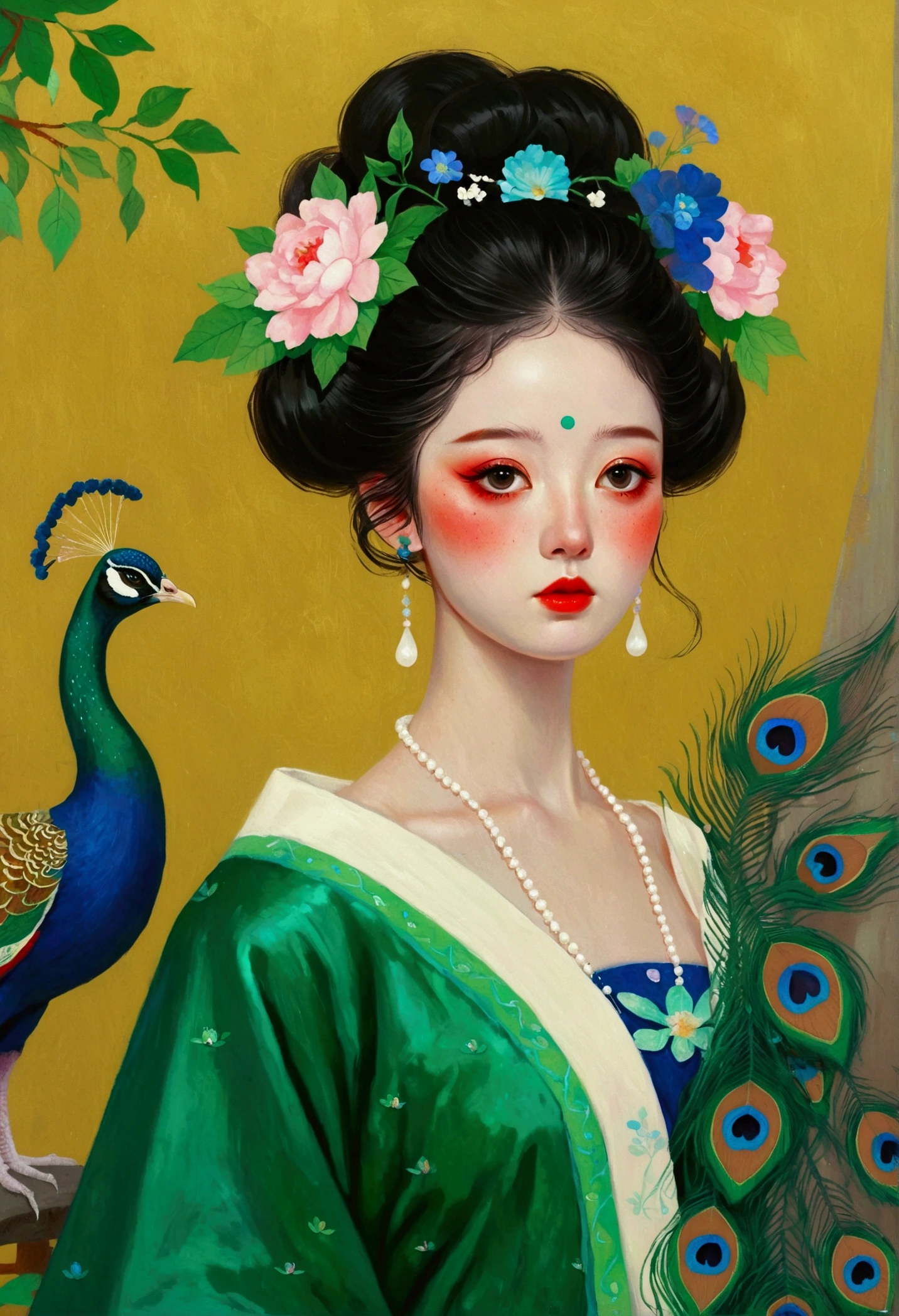 The woman in the painting wears a peacock，Wearing a green dress, An extremely detailed painting by Chen Lin, Popular on artstation, Pop surrealism, jingna zhang, Beautiful character painting, Chie Yoshii, Shin Jin Hye Art, A beautiful artistic illustration, Beautiful digital illustrations, Beautiful art UHD 4K, Natalie Shaw Tom Bagshaw