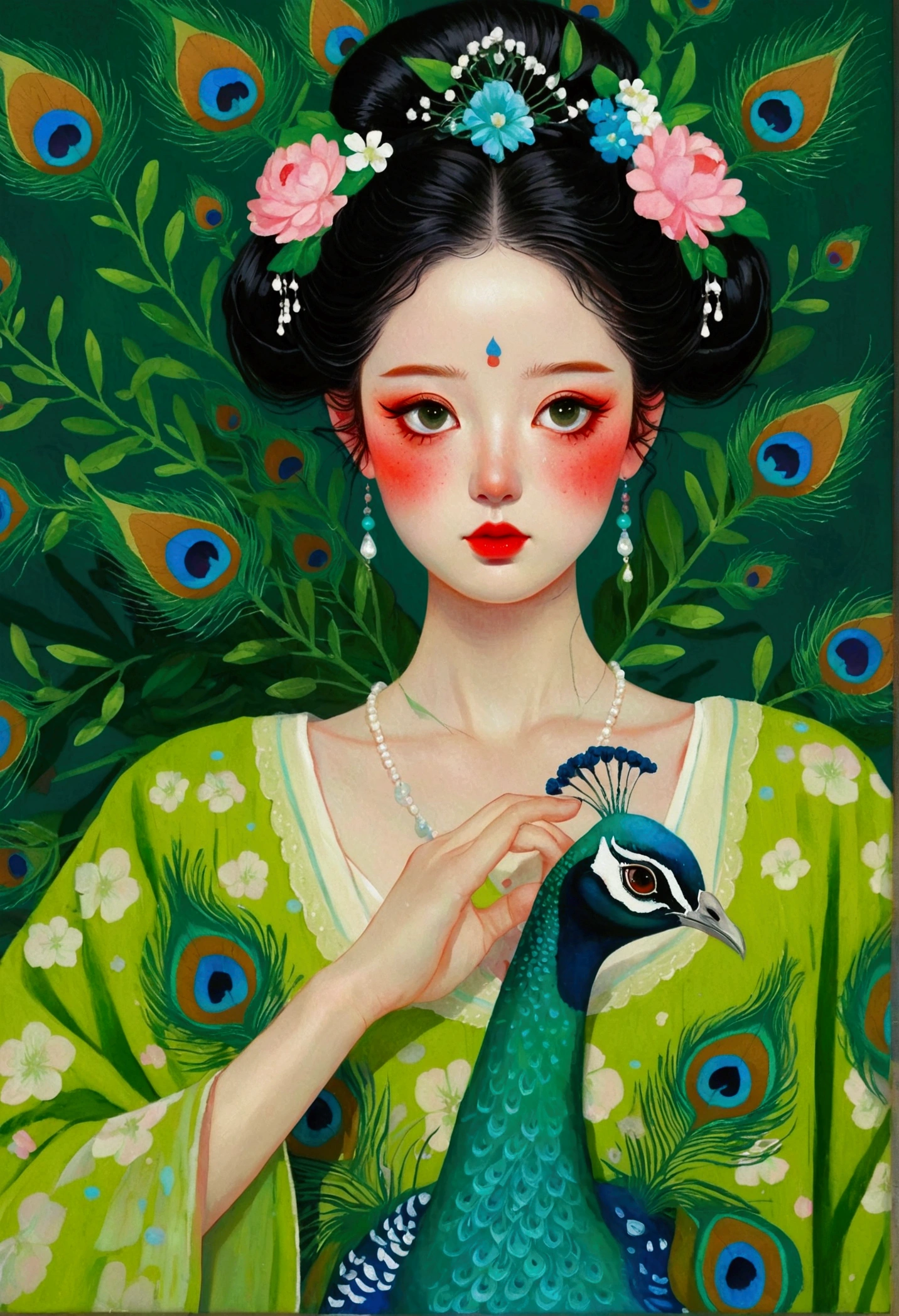 The woman in the painting wears a peacock,Wearing a green dress, An extremely detailed painting by Chen Lin, Popular on artstation, Pop surrealism, jingna zhang, Beautiful character painting, Chie Yoshii, Shin Jin Hye Art, A beautiful artistic illustration, Beautiful digital illustrations, Beautiful art UHD 4K, Natalie Shaw Tom Bagshaw