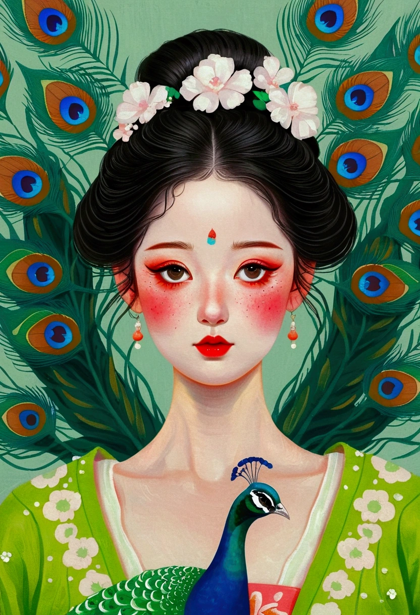 The woman in the painting wears a peacock,Wearing a green dress, An extremely detailed painting by Chen Lin, Popular on artstation, Pop surrealism, jingna zhang, Beautiful character painting, Chie Yoshii, Shin Jin Hye Art, A beautiful artistic illustration, Beautiful digital illustrations, Beautiful art UHD 4K, Natalie Shaw Tom Bagshaw