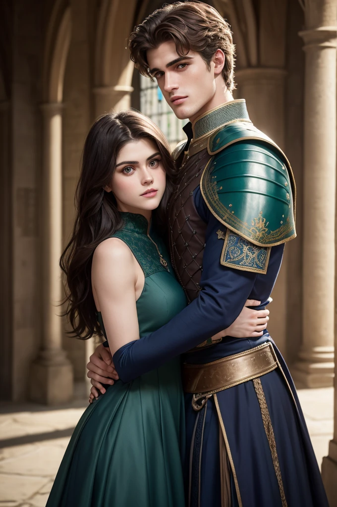 Create Alexandra Daddario with a slight smile and a beautiful dark blue medieval dress hugging Jacob Elordi in green medieval armor