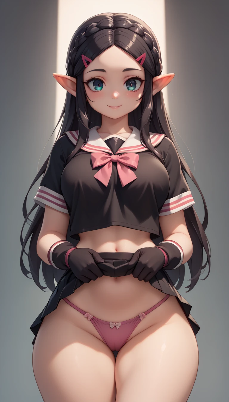 High resolution, Very detailed, perfect lighting, beautiful detailed eyes, ((masterpiece,Best Quality)), absurdities, alone, princess zelda, by the width, crown braid, Hair clip, pointy ears, Gloves without fingers, black gloves, smile, curves, nod, , deep neckline, deep neckline, black school uniform with white details,short skirt, visible underwear, pink thong, black uniform, black shirt with pink bow, touching her breasts in a sexy way, close up, Black hair
