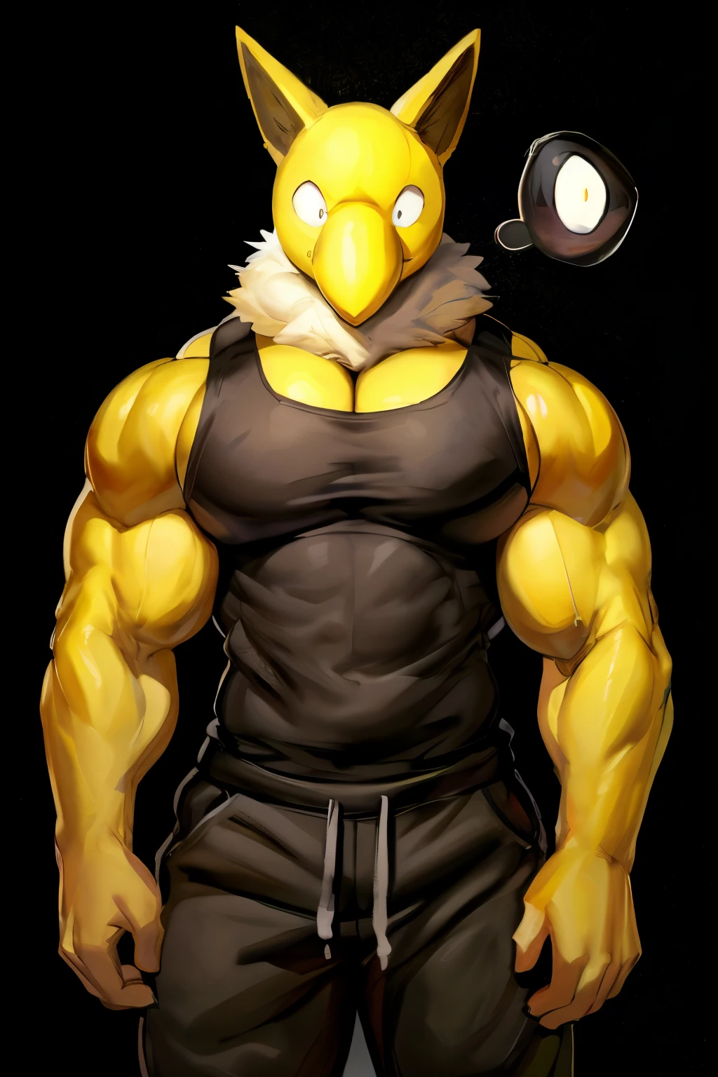 Furry, Anthro, solo, Hypno, Male, (((muscular body, massive thighs, massive male pectorals, fluffy neck, yellow skin, wearing black tanktop, wearing black sweatpants))), ((((massive biceps)))), ((((((massive bulky torso, wide-eyed, head tilted, facing viewer)))))), black/yellow spraypainted background, by buta99, by zackary911, by bebebebebe, (((digital painting)))