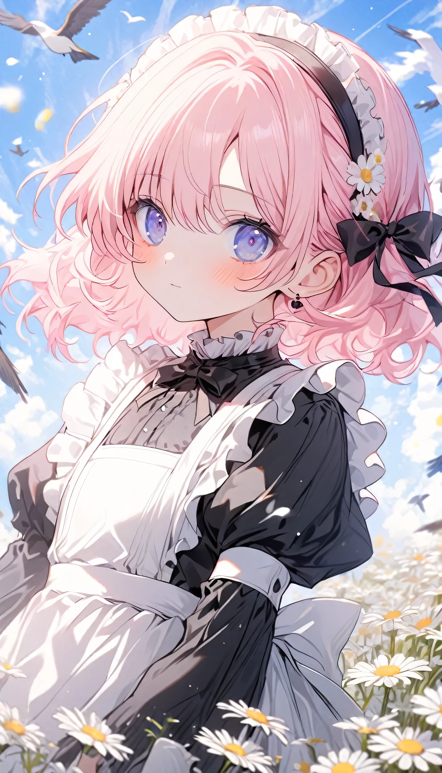 1girl (1.0), standing (0.8), in field of flowers (1.0), black dress (0.8), white apron (0.7), short pink hair (0.8), headband (0.7), daisies (0.9), flying birds (0.7), blue sky (0.6), peaceful (0.8), soft colors (0.7), detailed background (0.8), maid outfit (0.7)
