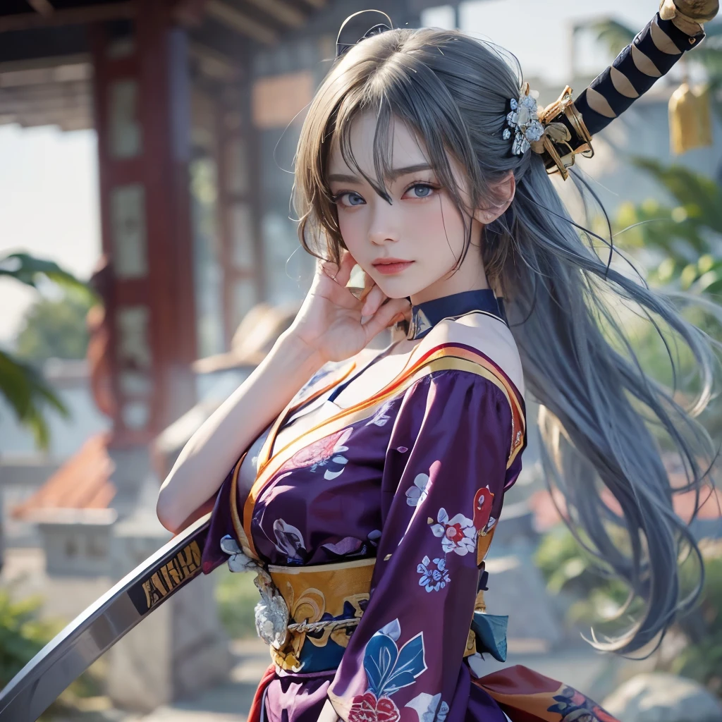 (RAW shooting, Photorealistic:1.5, 8k, Highest quality, masterpiece, Ultra-high resolution), sengoku, いたるところで燃え上がる戦fire:1.3, Perfect dynamic composition:1.2, Highly detailed skin and facial textures:1.2, Slim female samurai with a Japanese sword:1.3, radical, Fierce Battle:1.2, beautifully、aesthetic, Cute and sexy beauty, Perfect Style:1.2, Wear an exquisite ring, fire, water, Wind, thunder, ice, Fair skin, Very beautiful face, (Mid-chest, Chest gap), (Embarrassed smile, Her facial expression when she felt intense caressing, Facial expressions when feeling happy), (Wearing a sexy sengoku uniform:1.1, Off the shoulder), (Beautiful Blue Eyes, Beautiful erotic eyes:0.8), (Too erotic:0.9, Fascinating:0.9), Full Body Shot