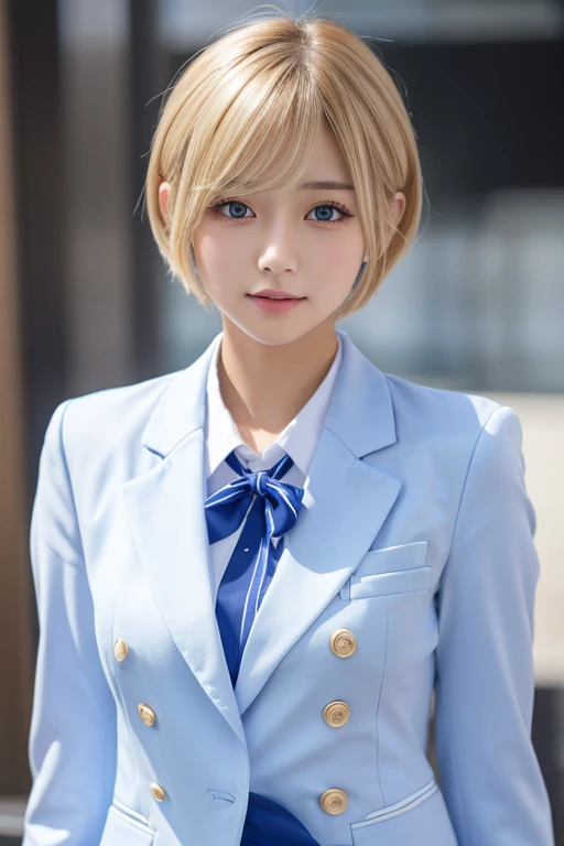 A beautiful girl、uniform、White shirt、Short cut ,Blue Blazer、Beautiful blonde、high resolution、Upper Body、Bust size K cup