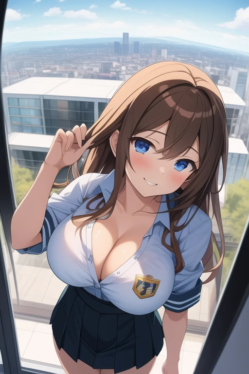 ((best quality)), ((masterpiece)), (detailed), anime girl in office uniform 25 years old, big breasts, neckline en un paisaje de una oficina lujosa, neckline, mini skirt, ((views)),((view from above))