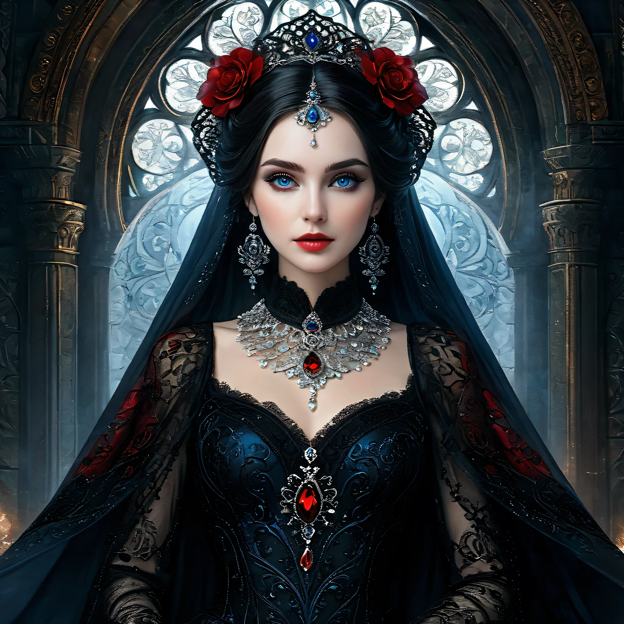 fractal painting, digitalpainting, surreal full body portrait, from knee to head, of a gothic goddess, like a mysterious young woman with dark hair, deep blue eyes, mouth full with lip gloss, wearing an ornate black chiffon and organza dress with a flowing, ethereal floral veil, earrings and necklace in red stones, environment a dark and misty castle, hazy and intricate design, scene from a movie, focus on the details, focus on the eyes, magical, filigreed, volu, 3d, ultra detali, fancy, decorations on clothes, professional foto, hyper realist, 4K, HDR+, freeze frame. hyper realist. oil painting. volumetric lighting,