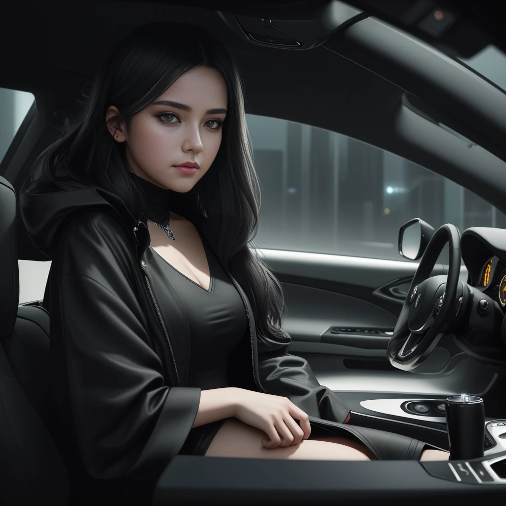 autiful teenage girl Sit and drive in a futuristic style car. She wore a short black coat on the back. and wore a short-sleeve shirt with a plunging neckline. Get ready to travel to her final destination., full body , perfect light perfect composition Beauty Award winning masterpiece Artstation 8 k Artgerm Mucha Dim Volumetric lighting Octane 18 k Beautiful detail rendering. post processing, portrait, exaggerated detail, complex, grand composition, cinematic lighting, masterpiece, trending art station, high detail, masterpiece, beautiful, 18k , HDR, smooth, sharp focus, high resolution