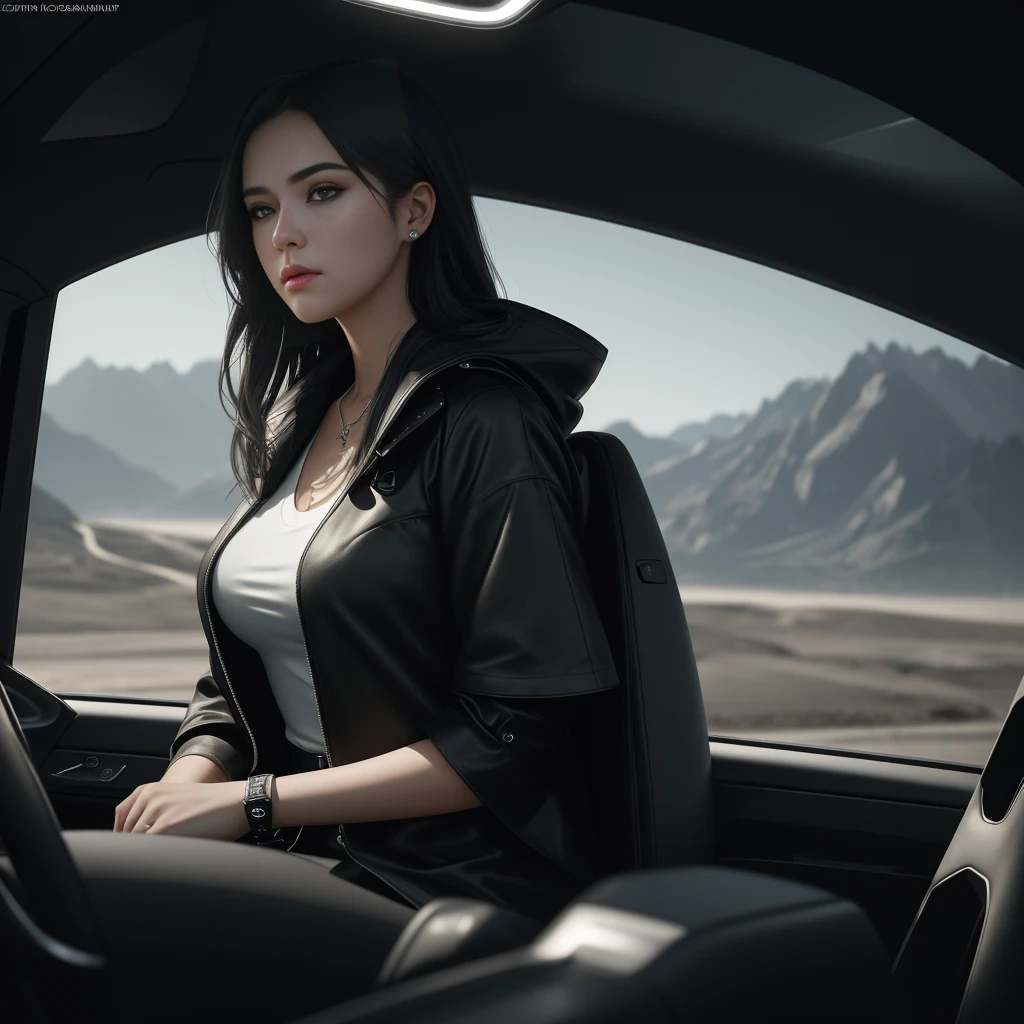 autiful teenage girl Sit and drive in a futuristic style car. She wore a short black coat on the back. and wore a short-sleeve shirt with a plunging neckline. Get ready to travel to her final destination., full body , perfect light perfect composition Beauty Award winning masterpiece Artstation 8 k Artgerm Mucha Dim Volumetric lighting Octane 18 k Beautiful detail rendering. post processing, portrait, exaggerated detail, complex, grand composition, cinematic lighting, masterpiece, trending art station, high detail, masterpiece, beautiful, 18k , HDR, smooth, sharp focus, high resolution
