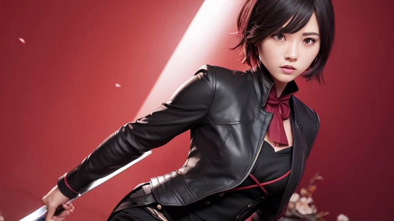 Female swordsman with a sword、Black jacket、Black tight pants、Wine red vest、Black Cutter Shirt、Wine red tie、Wine red, slightly short hair、White background、There is a rose on the dress