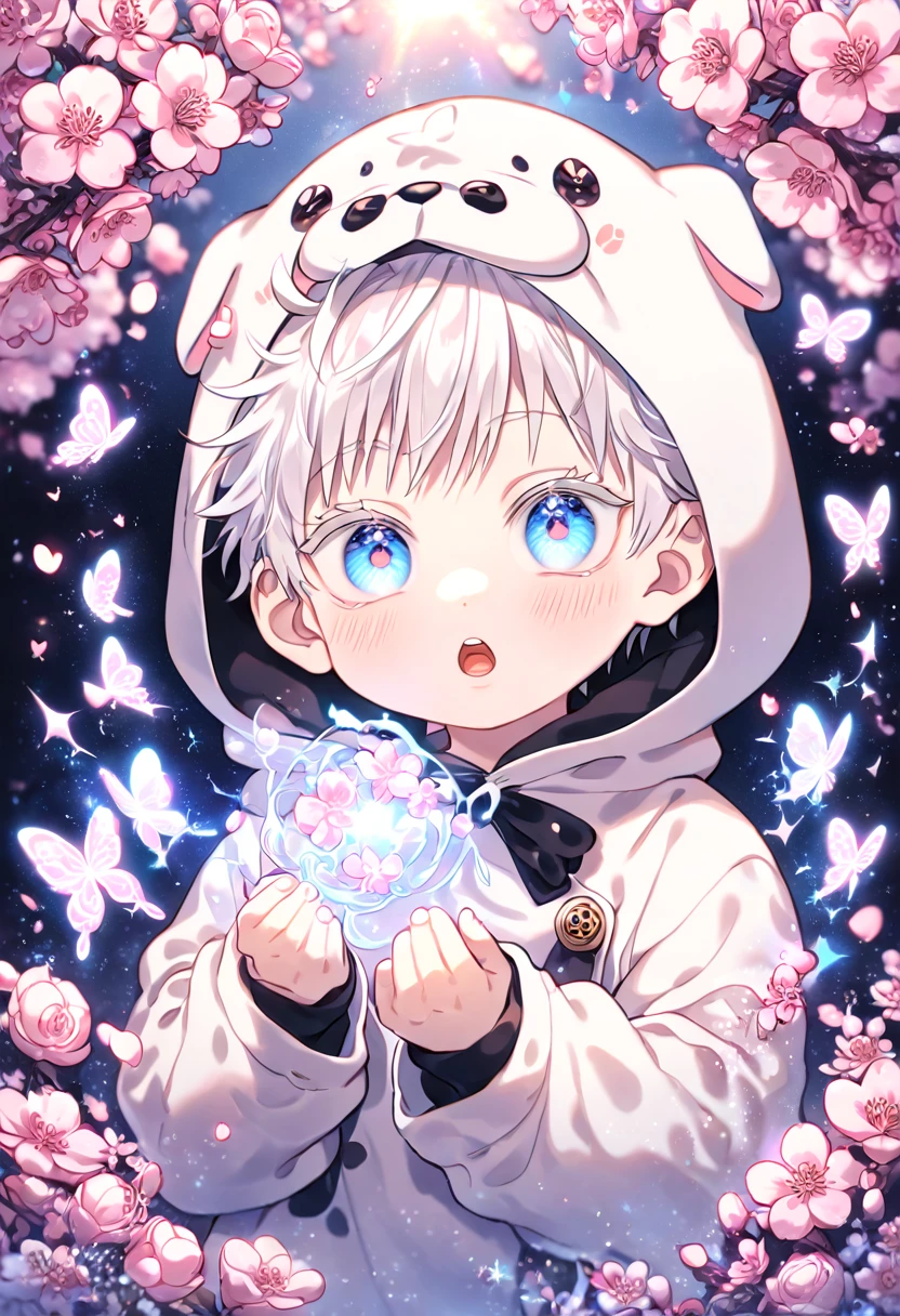 absurdres, highres, ultra detailed, HDR, master piece, best quality, extremely detailed face, delicated features, Gojou Satoru as a kid, white hair, expressive blue eyes, white eyelashes, Jujutsu Kaisen, solo, boy, cute, dog costume, blossoms, pink flowers, pink butterflies, fantasy, magic, radiant