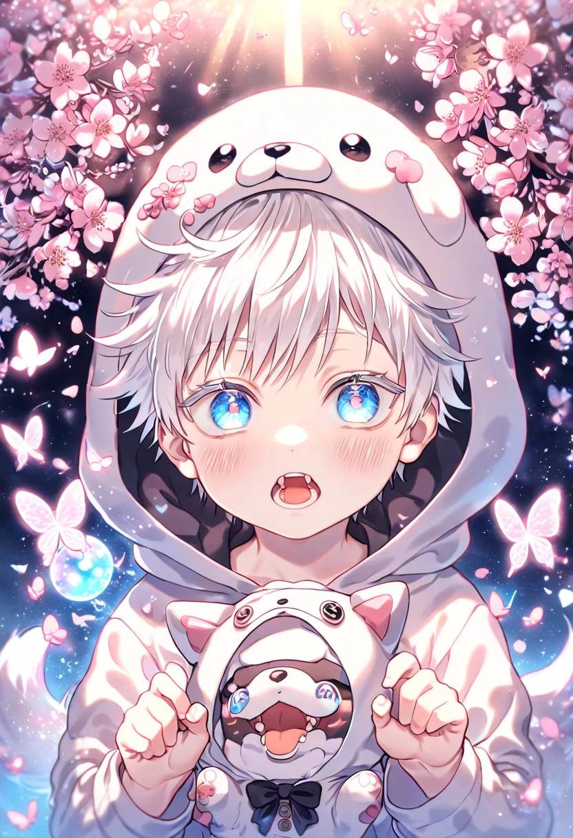 absurdres, highres, ultra detailed, HDR, master piece, best quality, extremely detailed face, delicated features, Gojou Satoru as *****, white hair, expressive blue eyes, white eyelashes, Jujutsu Kaisen, solo, boy, cute, dog costume, blossoms, pink flowers, pink butterflies, fantasy, magic, radiant