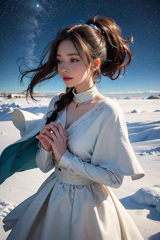masterpiece, (highest quality: 1.2), (Super fine: 1.2), figure, (very delicate and beautiful: 1.2), film angle, floating, (beautiful detail eyes: 1.1), (detail light: 1.1), film light, delicate sky, woman, gray hair,(high ponytail: 1.1), shining eyeoon: 1.2), (moonlight: 1.1), starry sky, (particles of light: 1.1), fog , snow painting, sketch, bloom,Wind Flowers on a Clear Sky,cape,Powdery snow flurries on a clear day,The wind is blowing,Snow is falling,Women have the fortitude to endure sadness,34yo woman,Casual wear,Sad feelings,Dancing snow,The pain of losing a man,cape,Cape of Sadness,A cheap, mass-produced, plain dress,A typical cheap dress,Too beautiful mature woman,Casual everyday wear,Casual clothes that aren&#39;t too dressy,